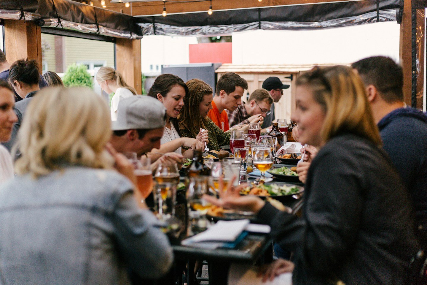 Colleagues sharing a meal at a company event